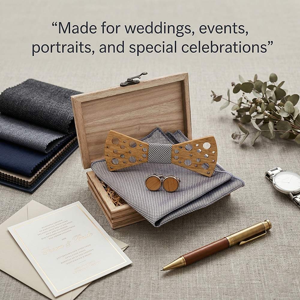 T259 T259  Sculpted Solid Bow Tie Set, Walnut — view 4