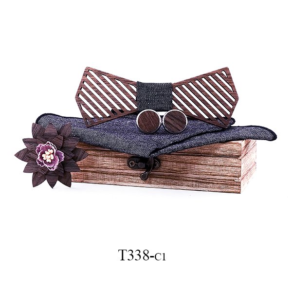 T338 T338  Woven Grid Engraving Bow Tie Set, Walnut — colour C1