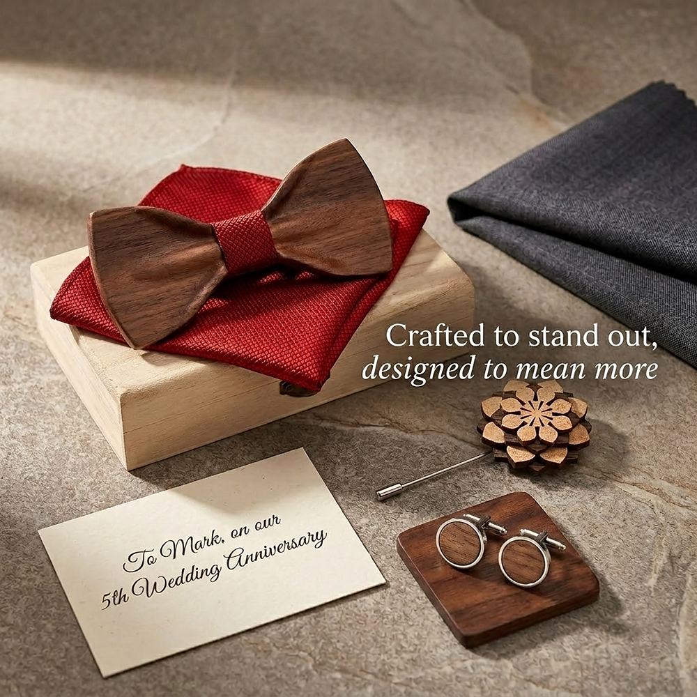 T350 T350  Solid Grain Bow Tie Set, Walnut — view 8