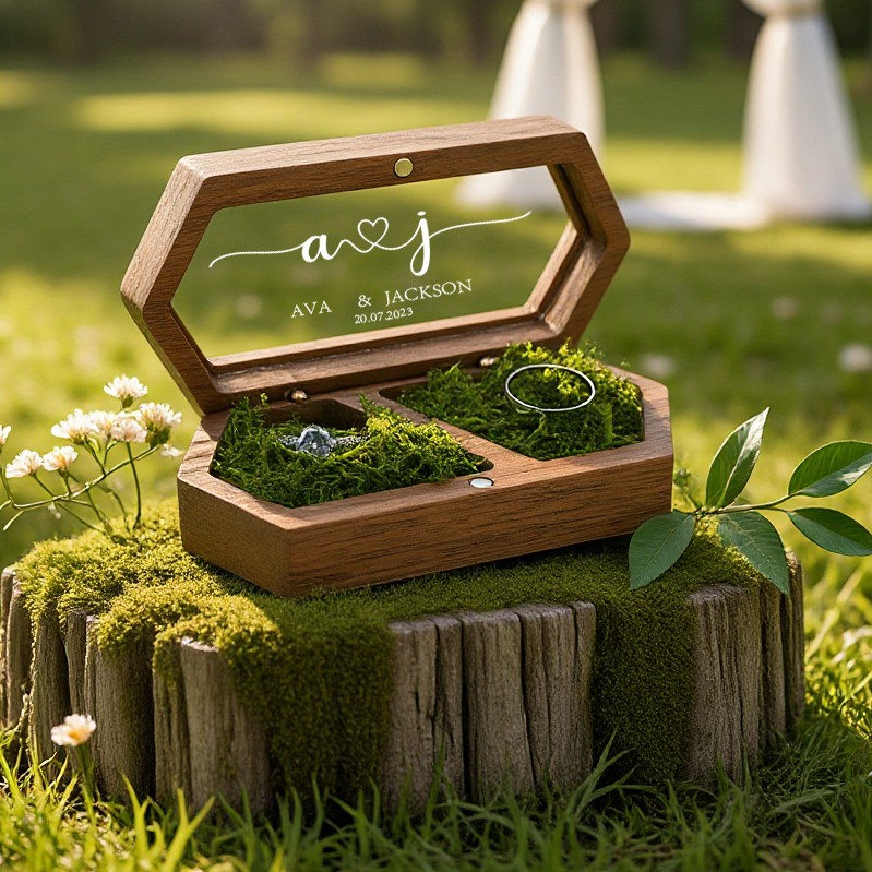 Hexagonal Ring Box, Preserved Moss Interior