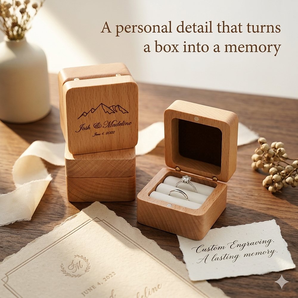 WGB-114 WGB-114  Square Ring Box, Engraved Mountain, Beech — view 11