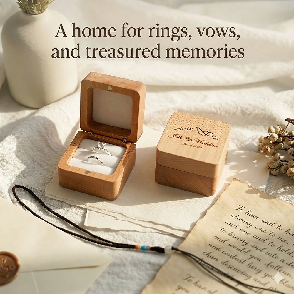 WGB-114 WGB-114  Square Ring Box, Engraved Mountain, Beech — view 5