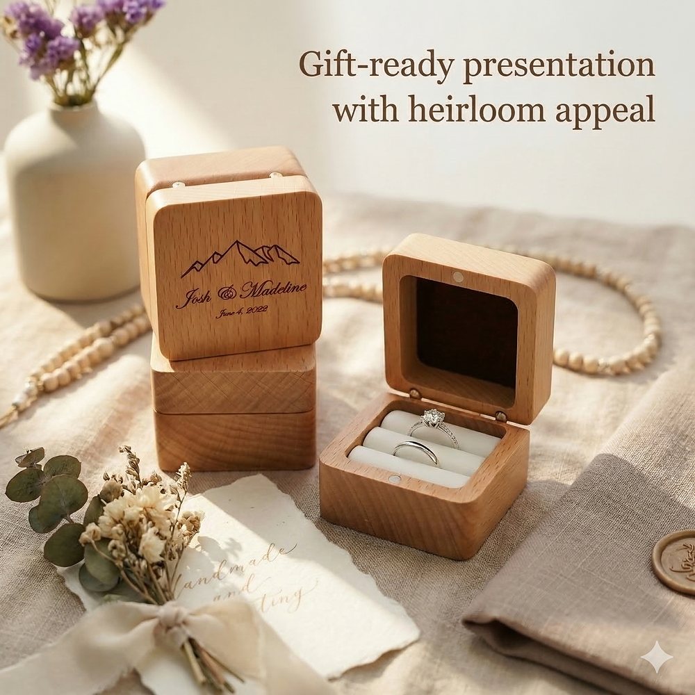 WGB-114 WGB-114  Square Ring Box, Engraved Mountain, Beech — view 7