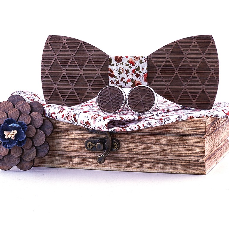 Triangle-Pattern Bow Tie Set with Lapel Pin